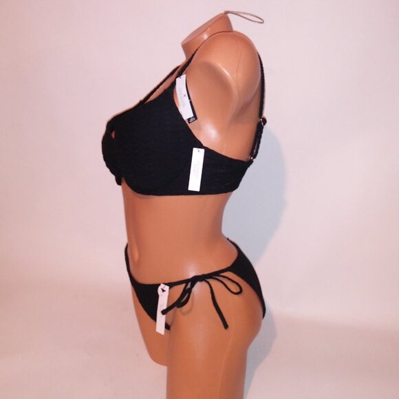 Victoria Secret Swim Bikini Top & Bottom Cheeky Black Push Up Textured String Ti - Picture 9 of 16